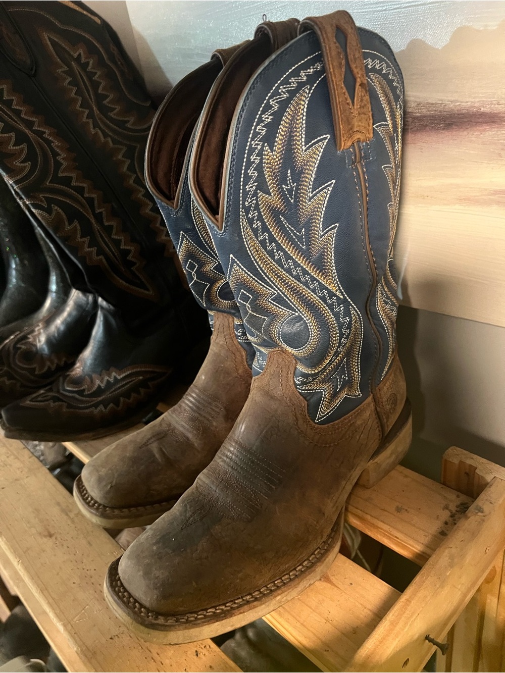 Durango Brown Leather Cowboy Boots with Navy Embroidered Shaft